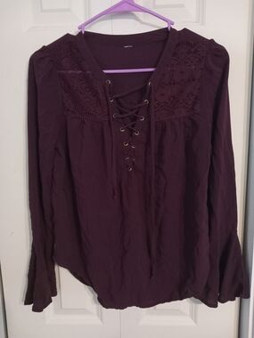 Lace-Up Peasant Tunic Top - Plum